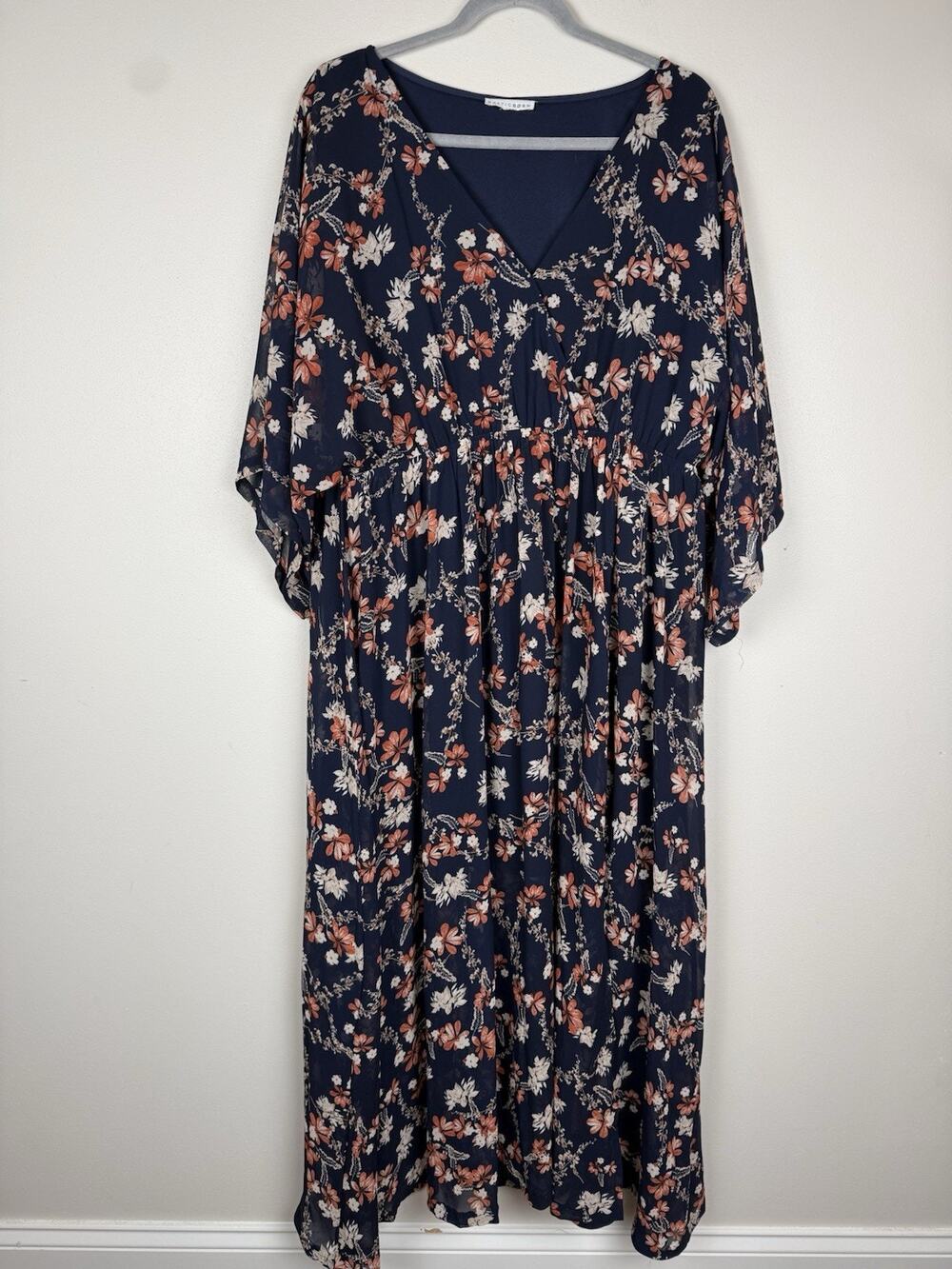 Baltic Born Navy Blue Floral Maxi Dress XL Ruffle Flutter Sleeve V-Neck Boho